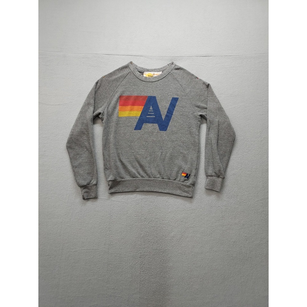 Aviator Women Sweatshirt XS Gray Graphic Tee Crew Neck Long Sleeve Knit Pullover